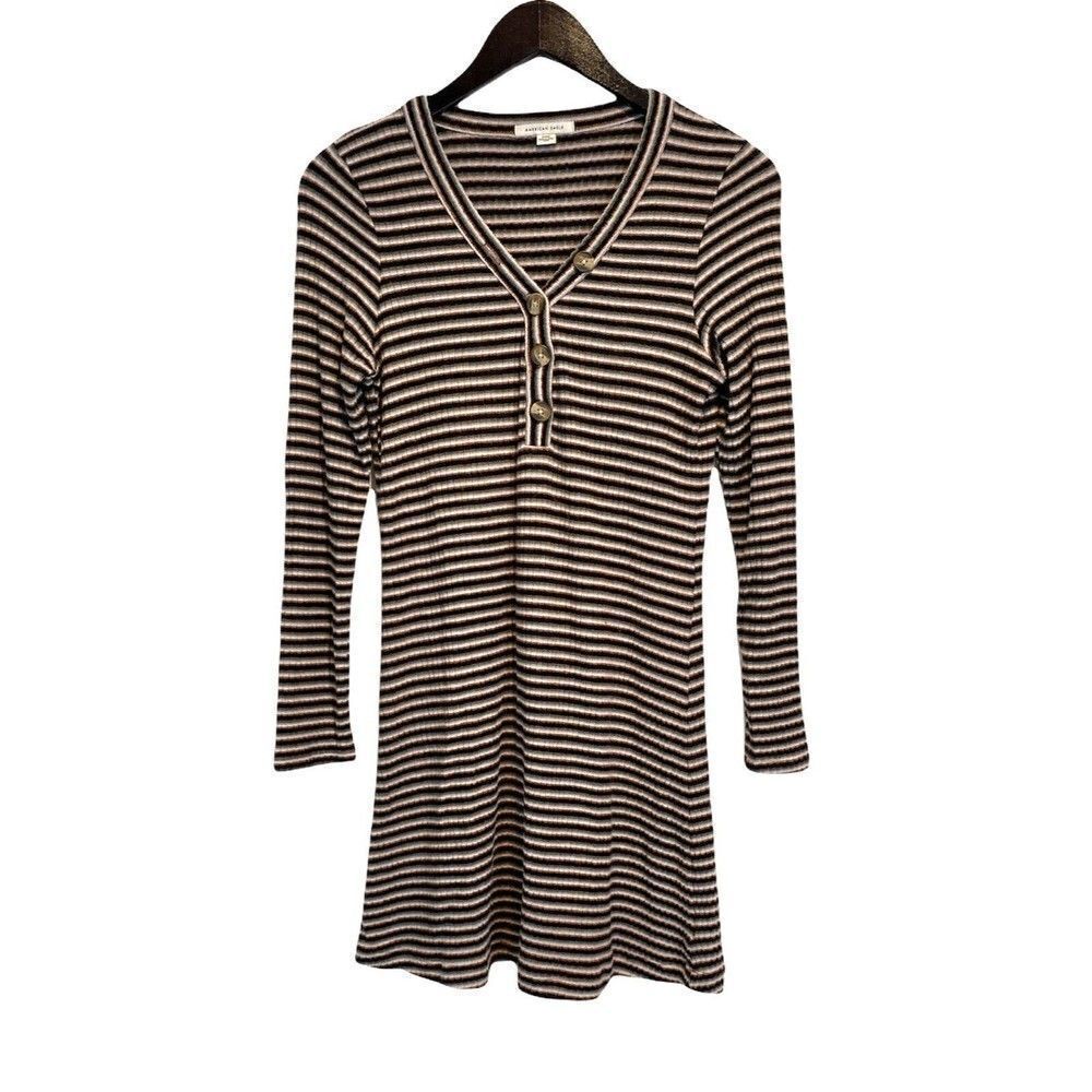 American Eagle Womens Dress Size Medium Black Olive Stripe Skater Knit A-line